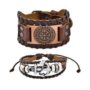 NIB Set of 2 Brown Genuine Leather and Dualtone Adjustable Bracelets